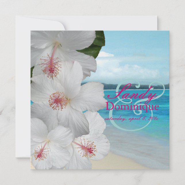 Invitación PixDezines Hibiscus blanco/playa/boda tropical (Anverso)