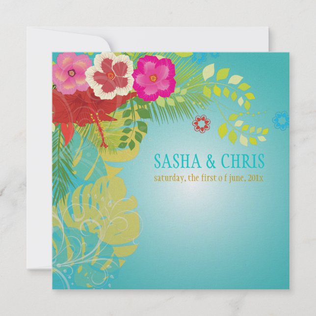 Invitación PixDezines Hibiscus+monstera/amarillo+aqua (Anverso)