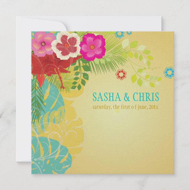 Invitación PixDezines Hibiscus+monstera/amarillo+aqua (Anverso)