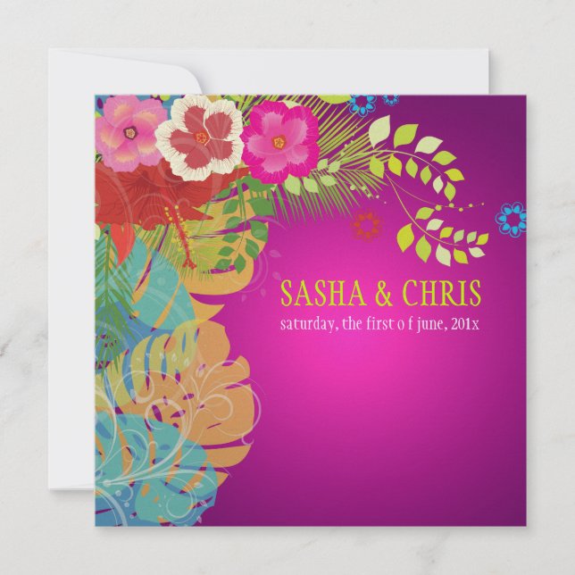 Invitación PixDezines Hibiscus+monstera/amarillo+fuschia (Anverso)