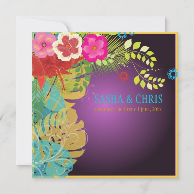 Invitación PixDezines Hibiscus+nstera/amarillo+aqua (Anverso)