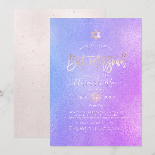 Invitación PixDezines Iridescente Púrpura Ombre Bat Mitzvah (Anverso / Reverso)