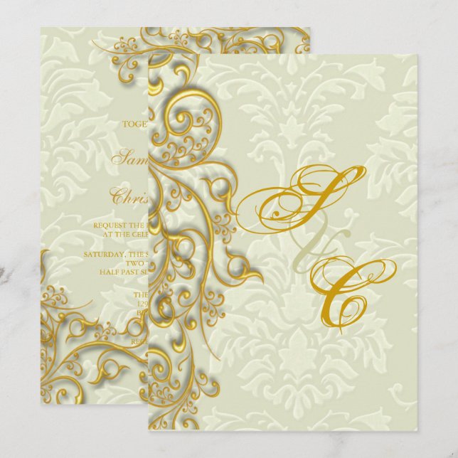 Invitación PixDezines IVORY DAMASK FILIGRANA DE ORO FALSA (Anverso / Reverso)