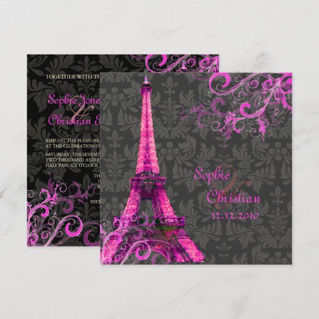 Invitación PixDezines LA TORRE EIFFEL/ROSA/DIYCOLOR (Anverso / Reverso)