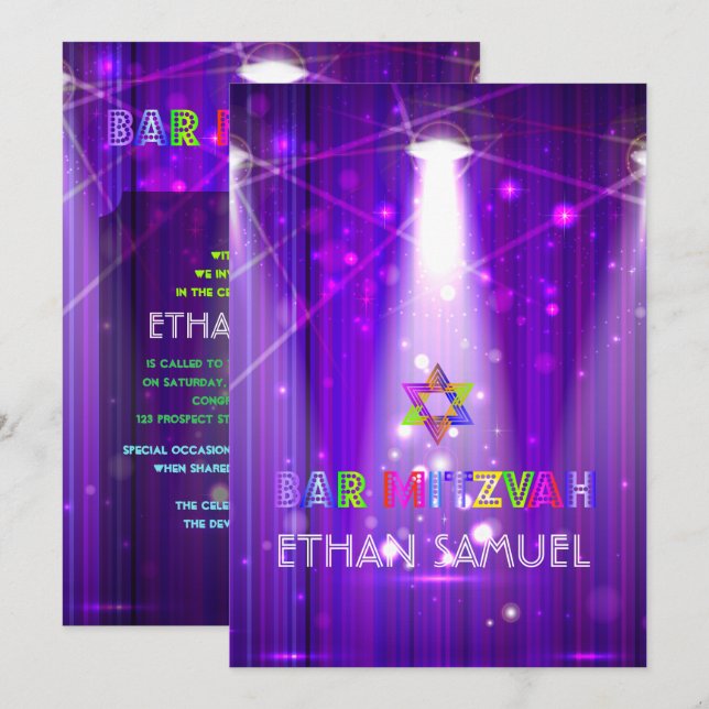 Invitación PixDezines láser / luces de neón bar mitzvah (Anverso / Reverso)