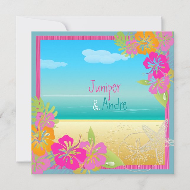 Invitación PixDezines leis/hibiscus, color playa/diy (Anverso)