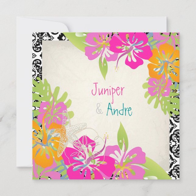 Invitación PixDezines leis/hibiscus, fondo playa/diy (Anverso)