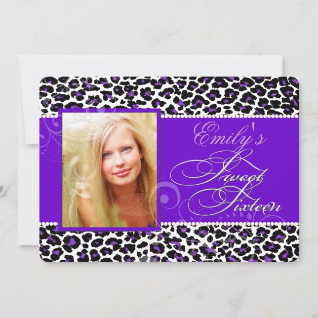 Invitación PixDezines leopardo dulce 16/morado (Anverso)