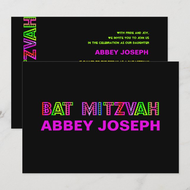 Invitación PixDezines Luces Neon Bat Mitzvah (Anverso / Reverso)
