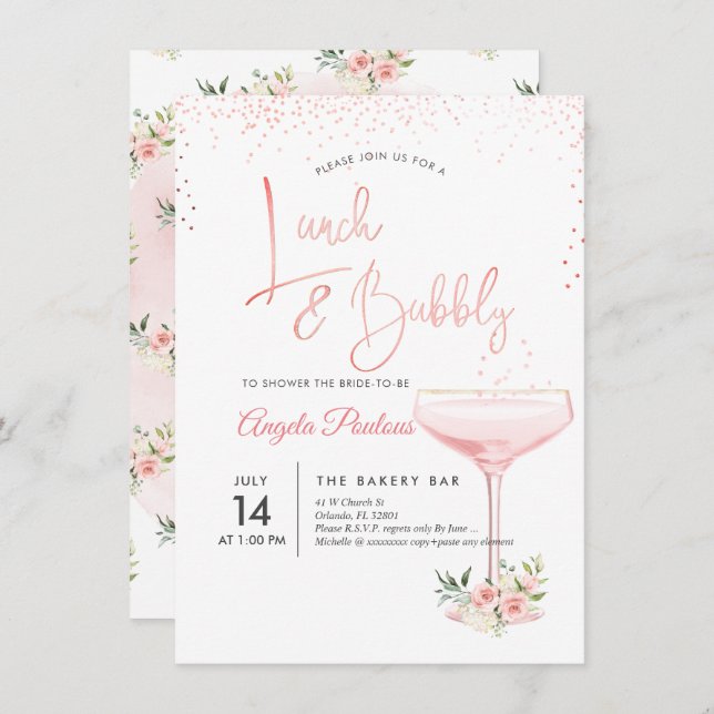Invitación PixDezines Lunch Bubbly/Pink Champagne Glass (Anverso / Reverso)