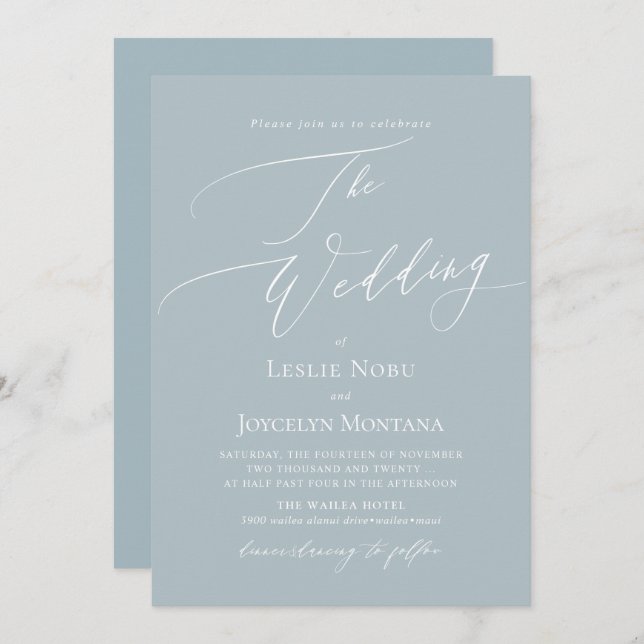 Invitación PixDezines Luxe Caligraphy Dusty Blue Boda (Anverso / Reverso)