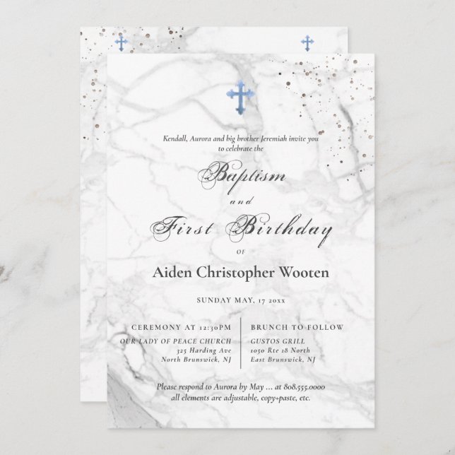 Invitación PixDezines Marble Blue Cross Baptism 1º cumpleaños (Anverso / Reverso)