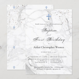Invitación PixDezines Marble Blue Cross Baptism 1º cumpleaños