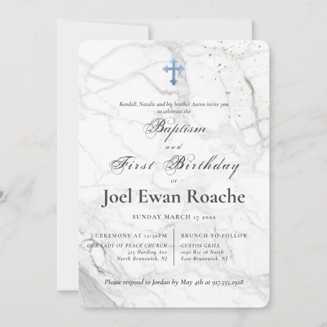 Invitación PixDezines Marble Blue Cross Baptism 1º cumpleaños (Anverso)