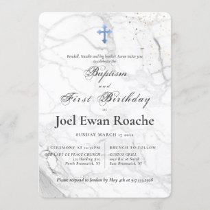 Invitación PixDezines Marble Blue Cross Baptism 1º cumpleaños
