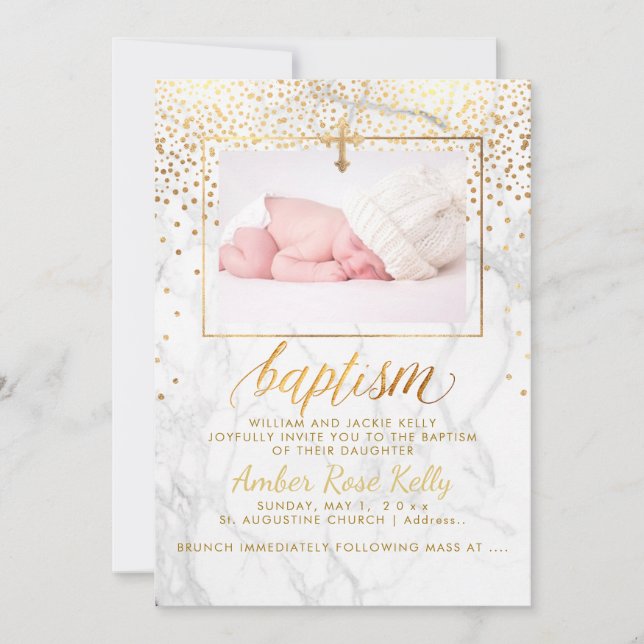 Invitación PixDezines Marble Faux Dots Gold/Baptism Card (Anverso)