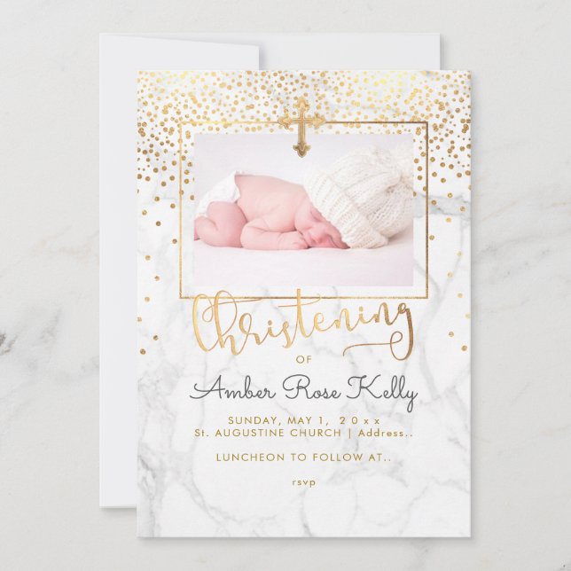 Invitación PixDezines Marble+Faux Gold Confetti Christening (Anverso)