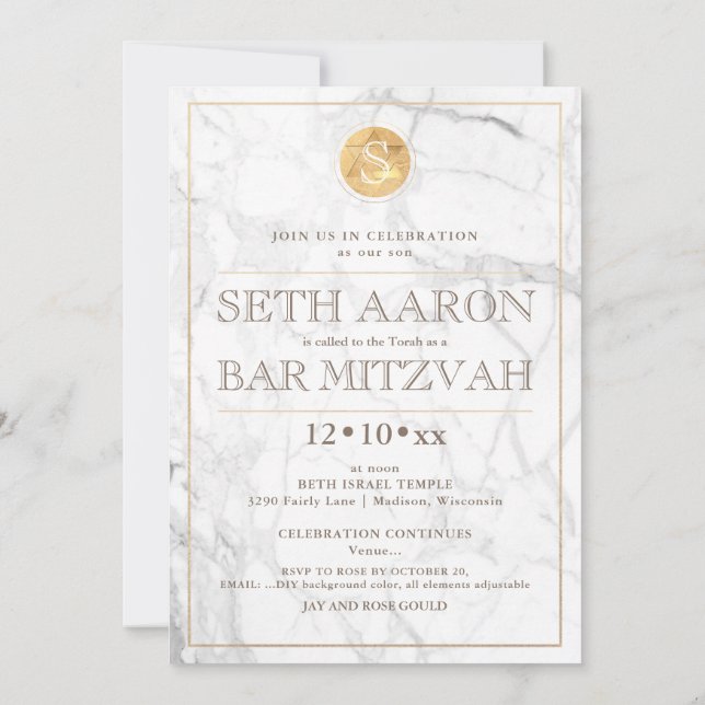 Invitación PixDezines Marble Faux Gold Monogram Bar Mitzvah ✡ (Reverso)