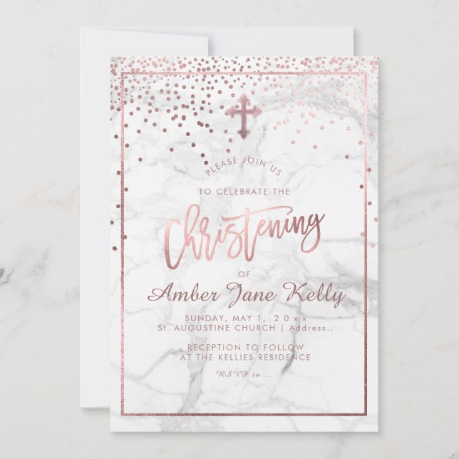 Invitación PixDezines Marble+Faux Rosa Gold Dots/Christening (Anverso)