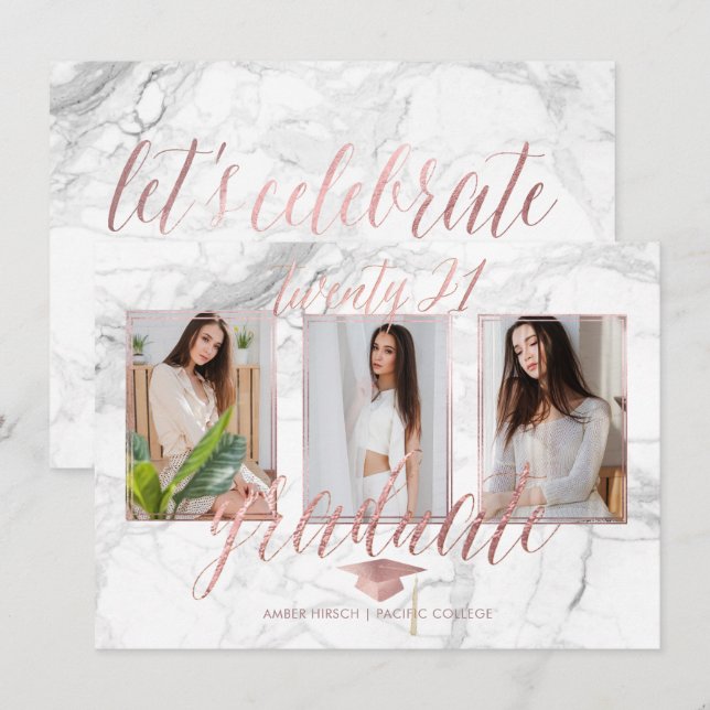 Invitación PixDezines Marble Faux Rosa Graduación de Oro Invi (Anverso / Reverso)