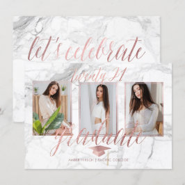 Invitación PixDezines Marble Faux Rosa Graduación de Oro Invi