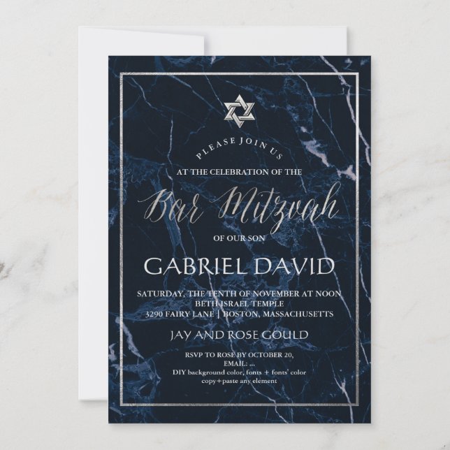 Invitación PixDezines Marble Faux Silver Star Bar Mitzvah (Reverso)
