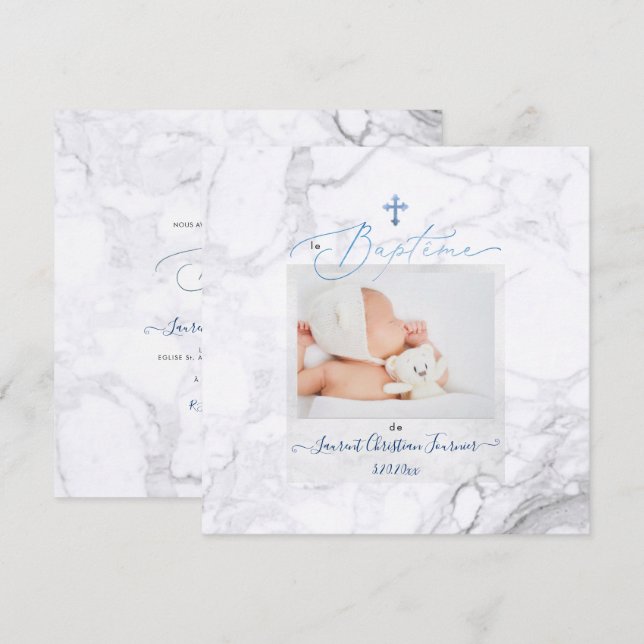 Invitación PixDezines Marbre Blanc, Baptême Bleu garçon (Anverso / Reverso)