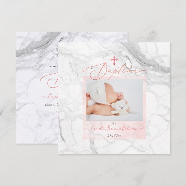 Invitación PixDezines Marbre Blanc, Baptême Fille (Anverso / Reverso)