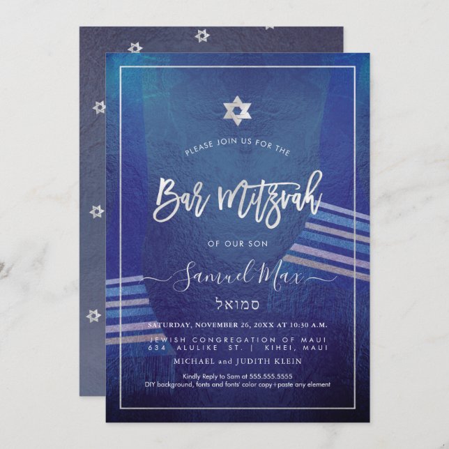 Invitación PixDezines Marina Azul+Platinum Talitz Bar Mitzvah (Anverso / Reverso)