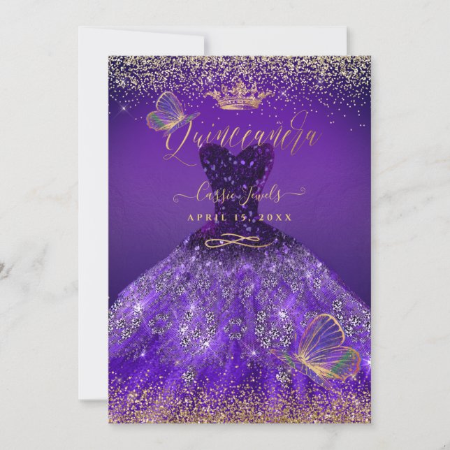 Invitación PixDezines Mariposas Quinceanera, Púrpura Oscuro (Anverso)