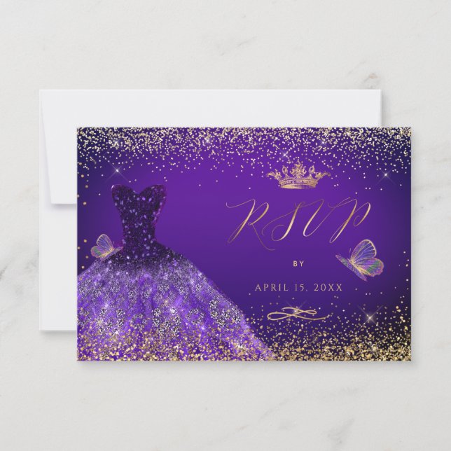 Invitación PixDezines Mariposas Quinceanera RSVP, Púrpura (Anverso)