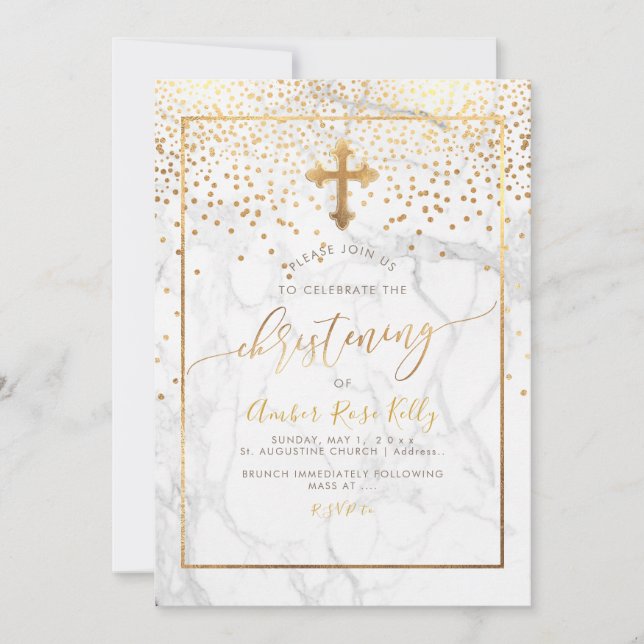 Invitación PixDezines Mármol+Faux Gold Confetti/Christening (Anverso)