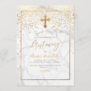Invitación PixDezines Mármol+Faux Gold Confetti/Christening