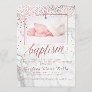 Invitación PixDezines Mármol+Faux Rosa Bautismo de oro