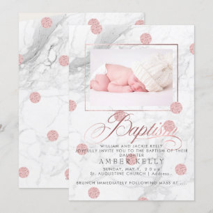Invitación PixDezines Mármol+Faux Rosa Dots/Bautismo