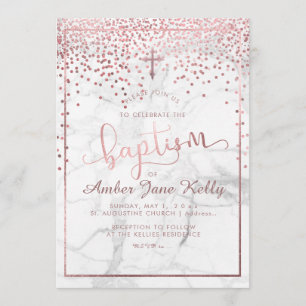 Invitación PixDezines Mármol + Faux Rosas Dots de oro/Bautism