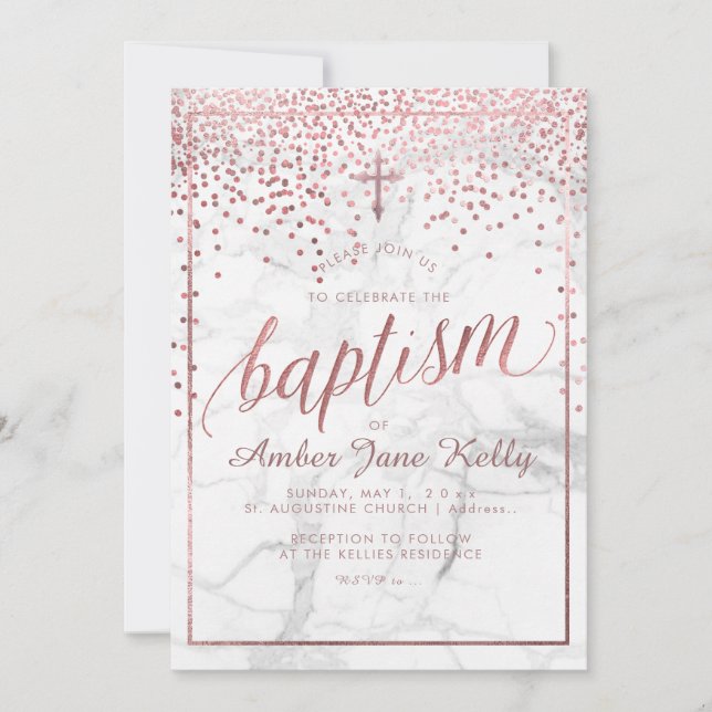 Invitación PixDezines Mármol + Faux Rosas Dots de oro/Bautism (Anverso)