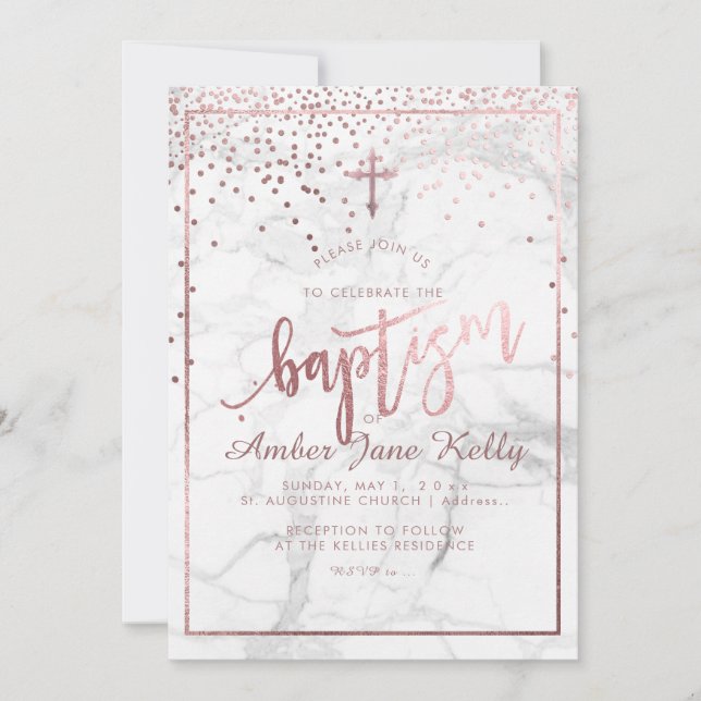 Invitación PixDezines Mármol + Faux Rosas Dots de oro/Bautism (Anverso)