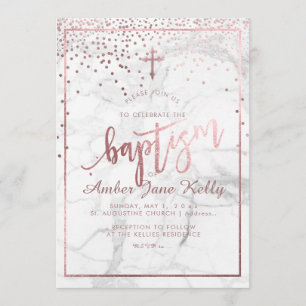 Invitación PixDezines Mármol + Faux Rosas Dots de oro/Bautism