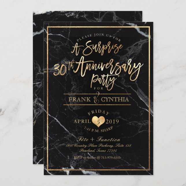 Invitación PixDezines Mármol / Oro Falso / Fiesta de Aniversa (Anverso / Reverso)