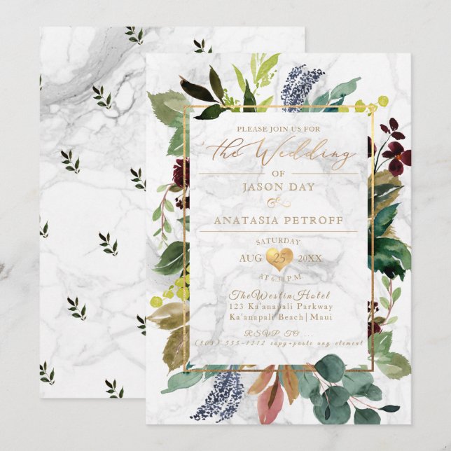 Invitación PixDezines Mármol Verde Oliva Corazón Dorado (Anverso / Reverso)
