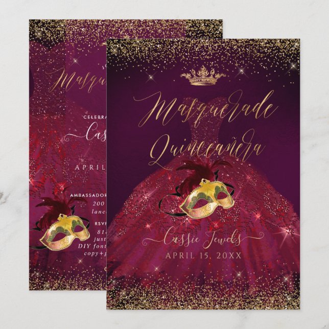Invitación PixDezines Masquerade Quinceanera Burgundy Gold (Anverso / Reverso)