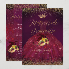 Invitación PixDezines Masquerade Quinceanera Burgundy Gold