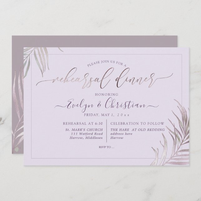 Invitación PixDezines Mauve Palms Ensayo Cena (Anverso / Reverso)