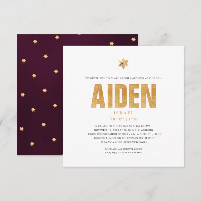 Invitación PixDezines Minimalista DIY FAUX ORO Mitzvah (Anverso / Reverso)