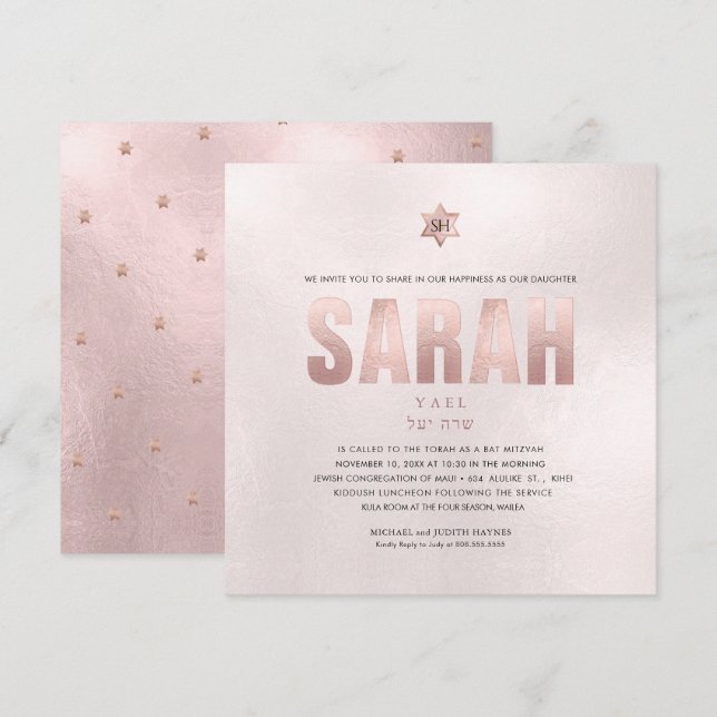 Invitación PixDezines Minimalista DIY FAUX ROSA GOLD Mitzvah (Anverso / Reverso)
