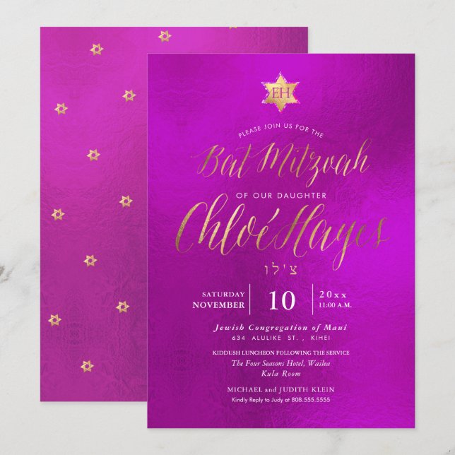 Invitación PixDezines Minimalista magenta Mitzvah, Script (Anverso / Reverso)