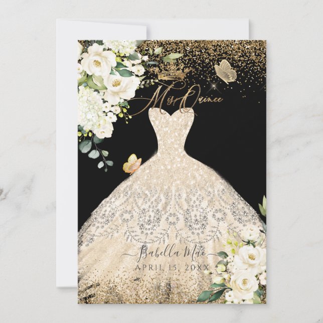 Invitación PixDezines Mis Quince Champagne Purpurina Gown (Anverso)