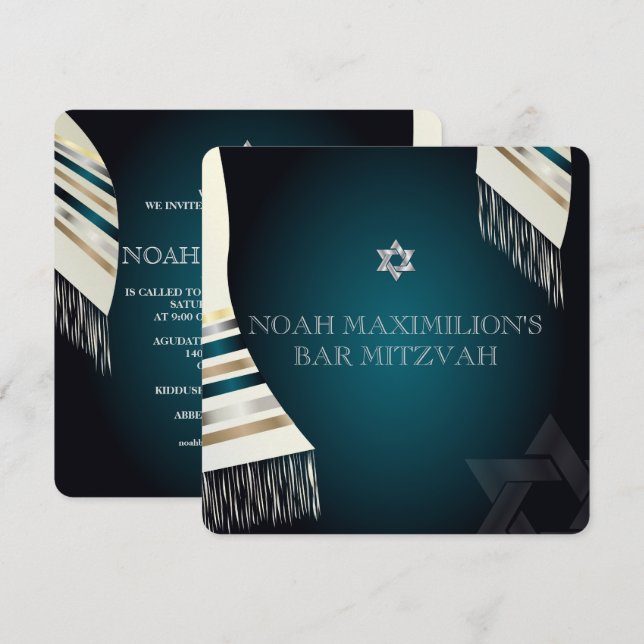 Invitación PixDezines mitzvah/fondo verde azulado de luz de d (Anverso / Reverso)