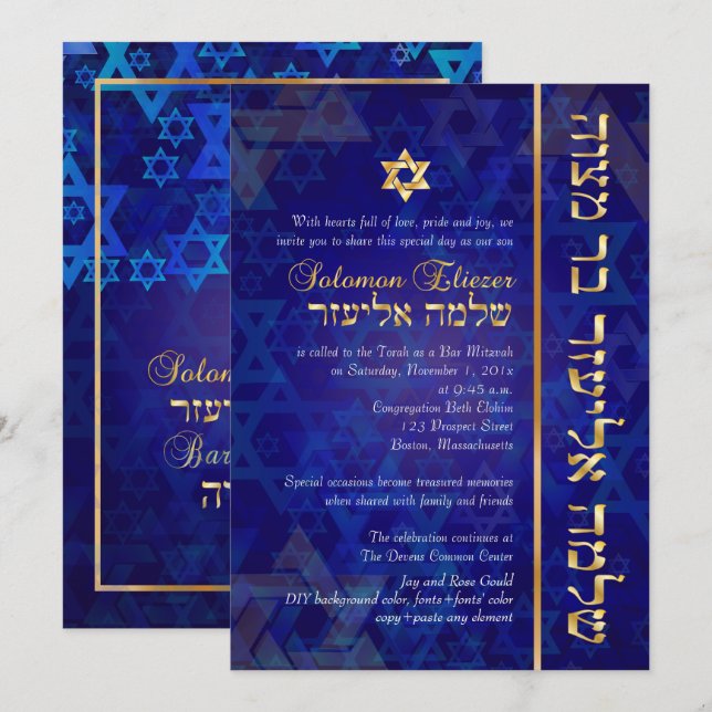 Invitación PixDezines Mod/Bar Mitzvah/Navy Blue/Gold (Anverso / Reverso)